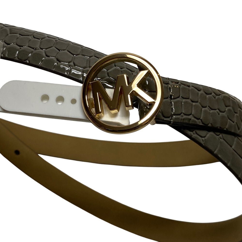 Michael Kors Womens Croc Embossed Skinny Belt grey Gold MK Logo‎ Buckle Size L